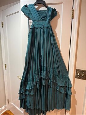 sachin and babi light blue dress Green Satin Long Prom Dress, Elegant A-Line Short Sleeve Formal Evenin
